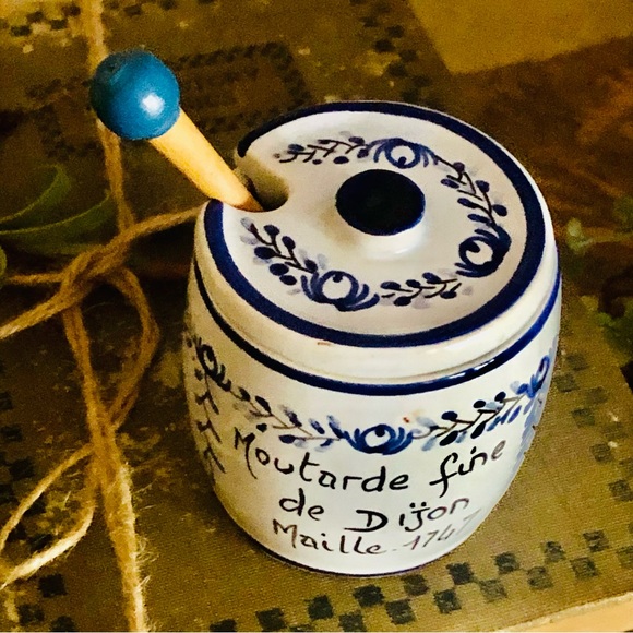 Made in France Hand-Painted Mustard Jar With Wood Spoon - Picture 2 of 6